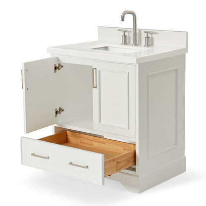Langford 30-inch White bathroom vanity on white back ground side view open door