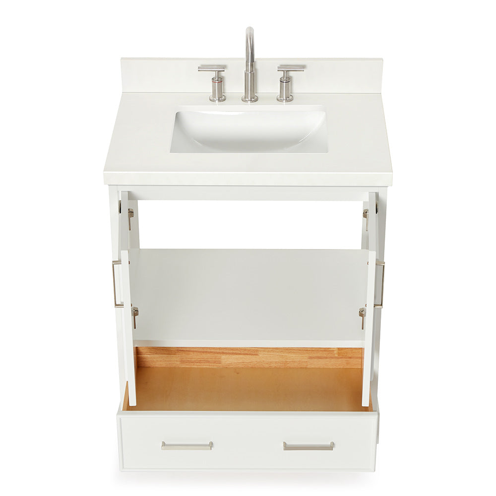 Langford 30-inch White bathroom vanity on white back ground front view open door