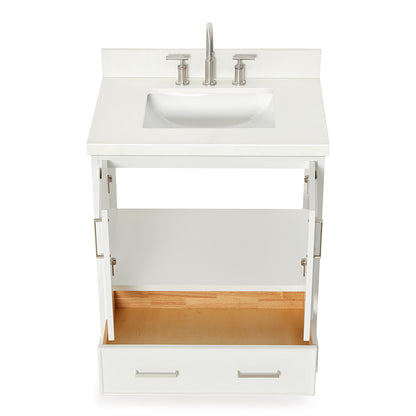 Langford 30-inch White bathroom vanity on white back ground front view open door