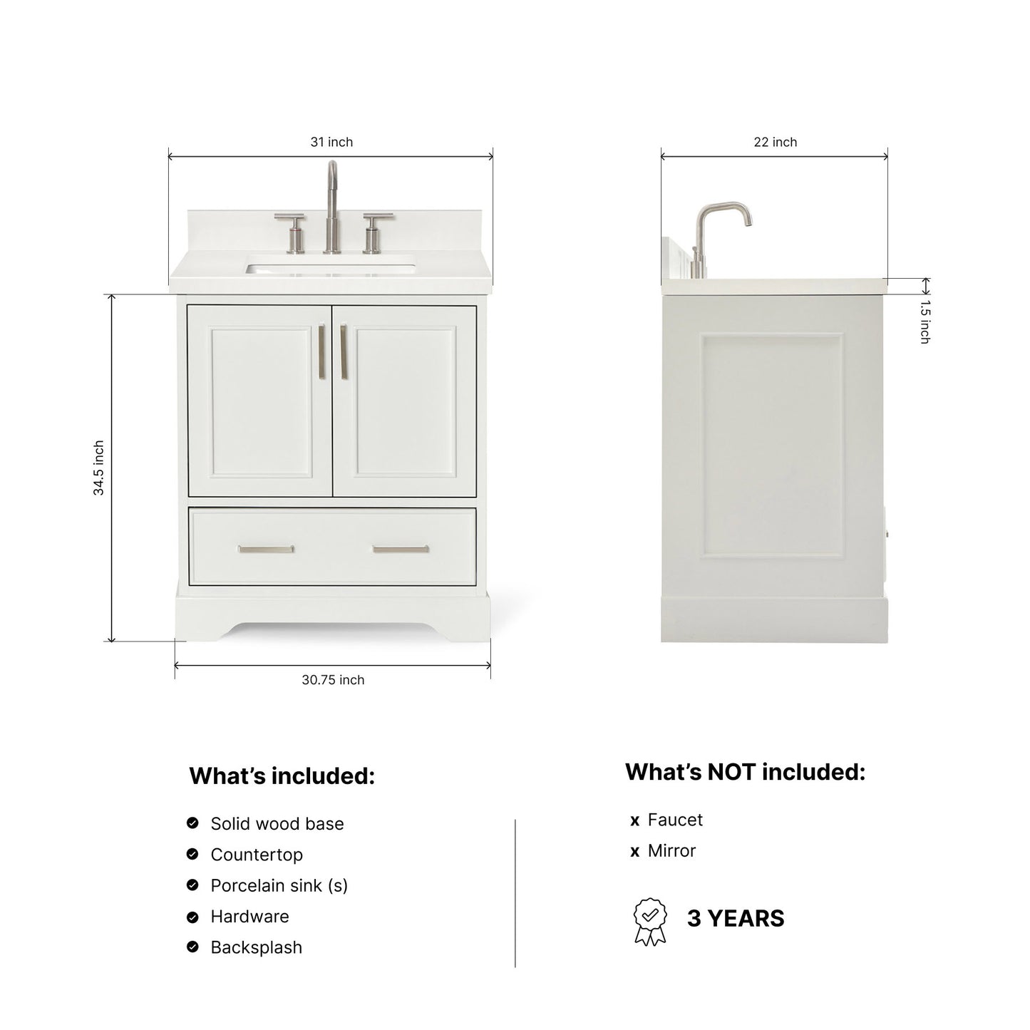 Langford 30-inch White bathroom vanity on dimensions
