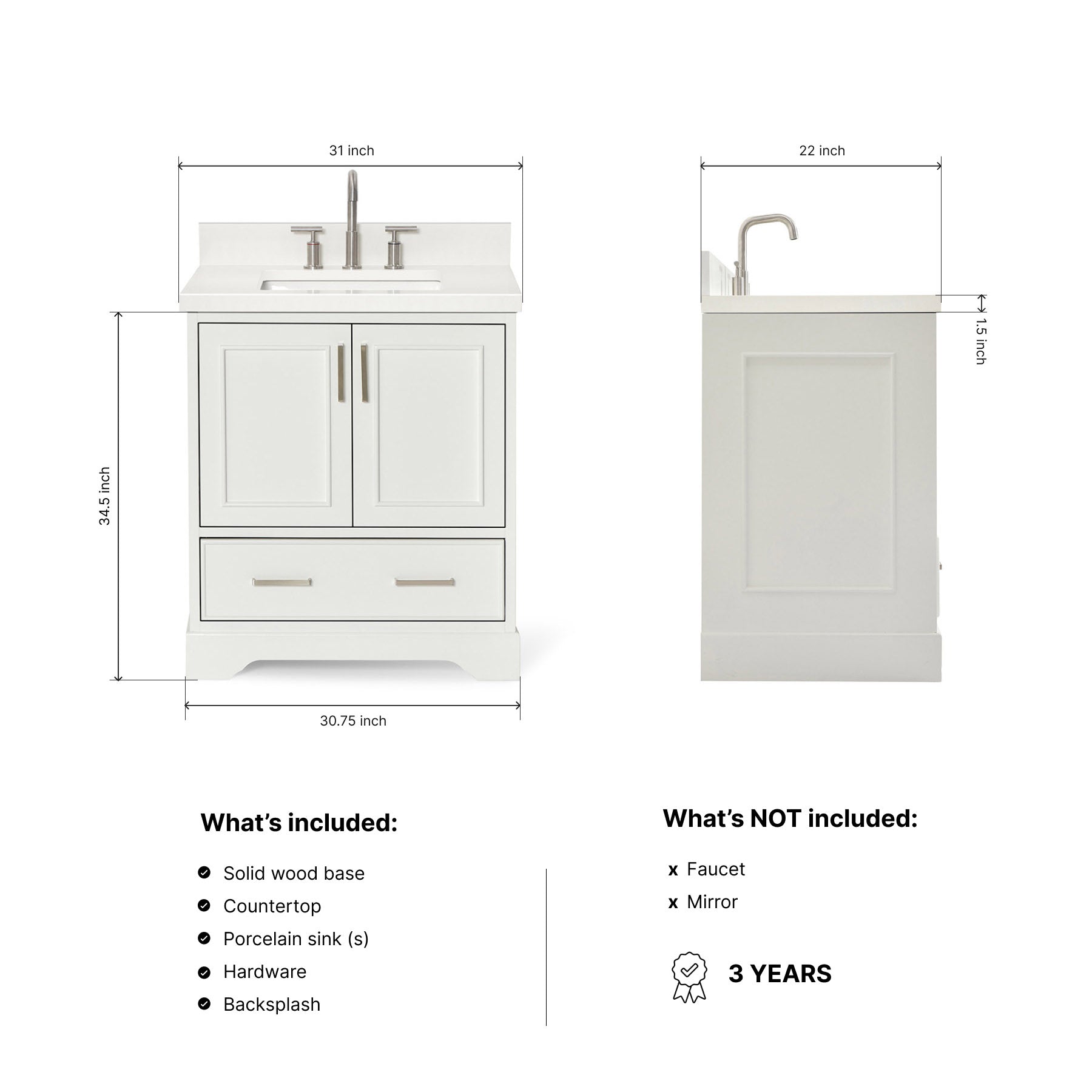 Langford 30-inch White bathroom vanity on dimensions