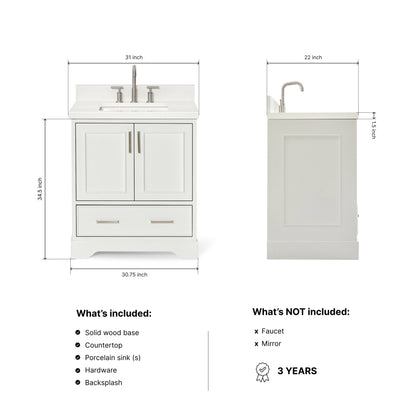 Langford 30-inch White bathroom vanity on dimensions