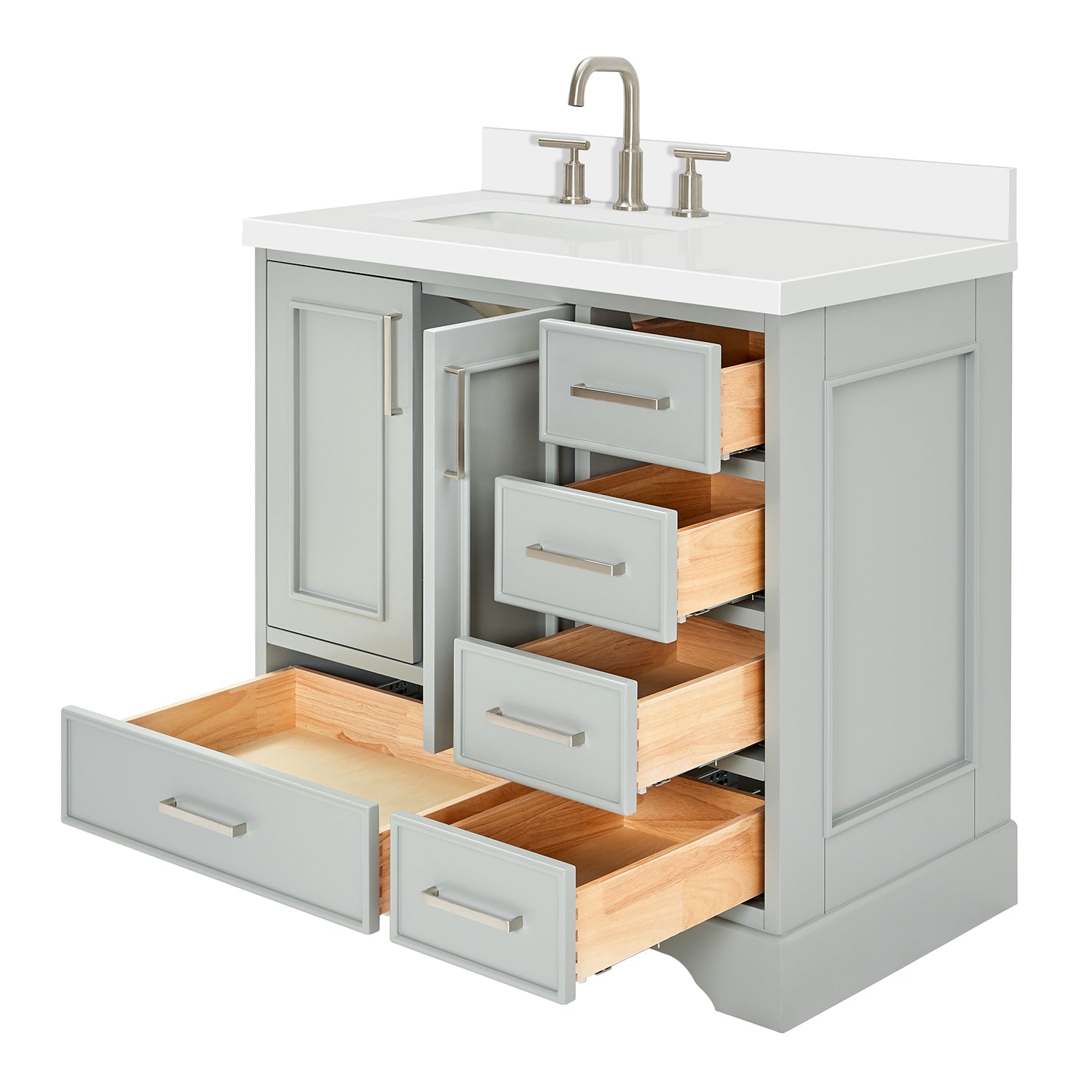 Langford 36-inch Grey bathroom vanity on white back ground side view open door
