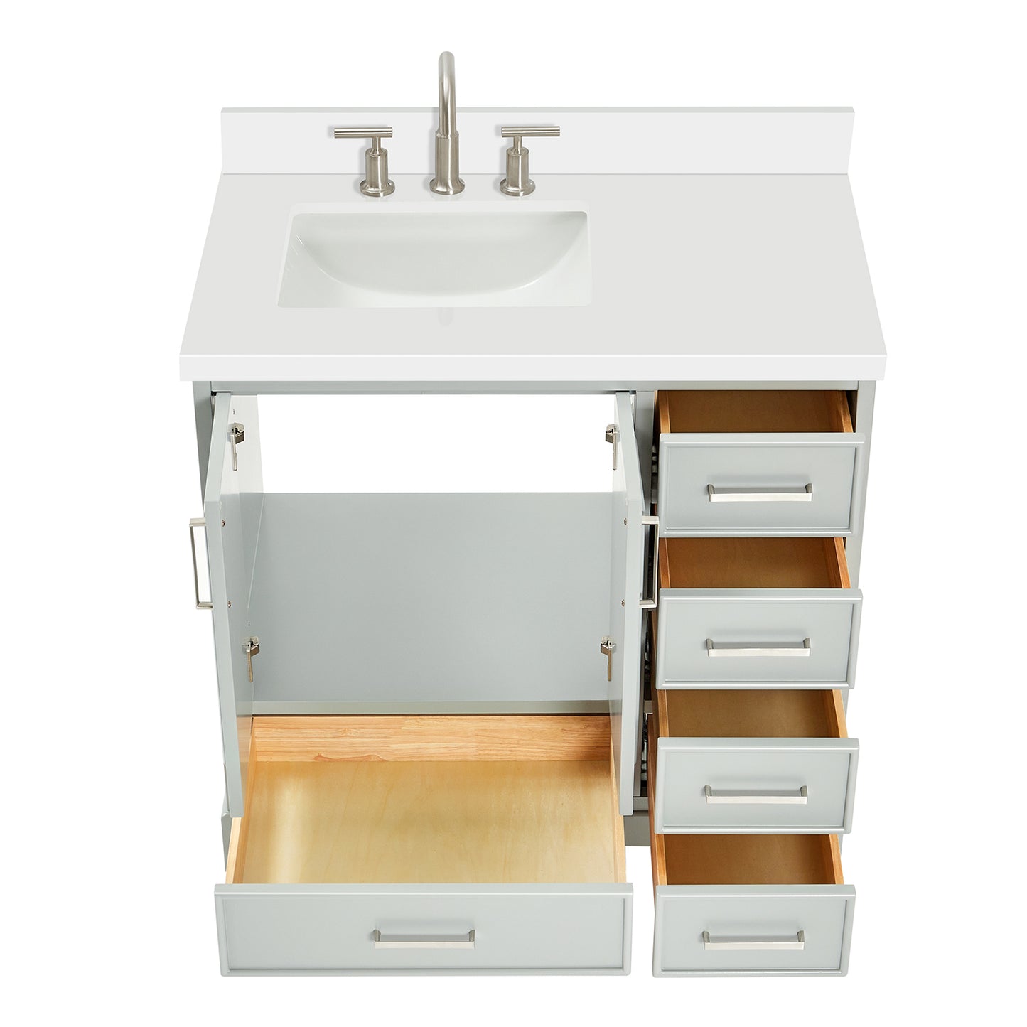 Langford 36-inch Grey bathroom vanity on white back ground front view open door