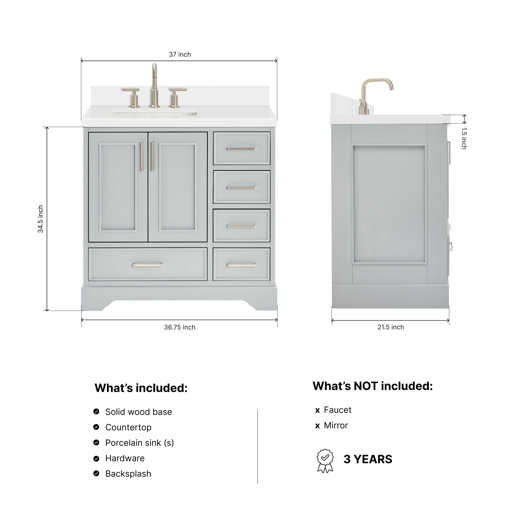 Langford 36-inch Grey bathroom vanity on dimensions