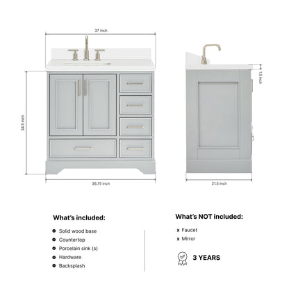 Langford 36-inch Grey bathroom vanity on dimensions