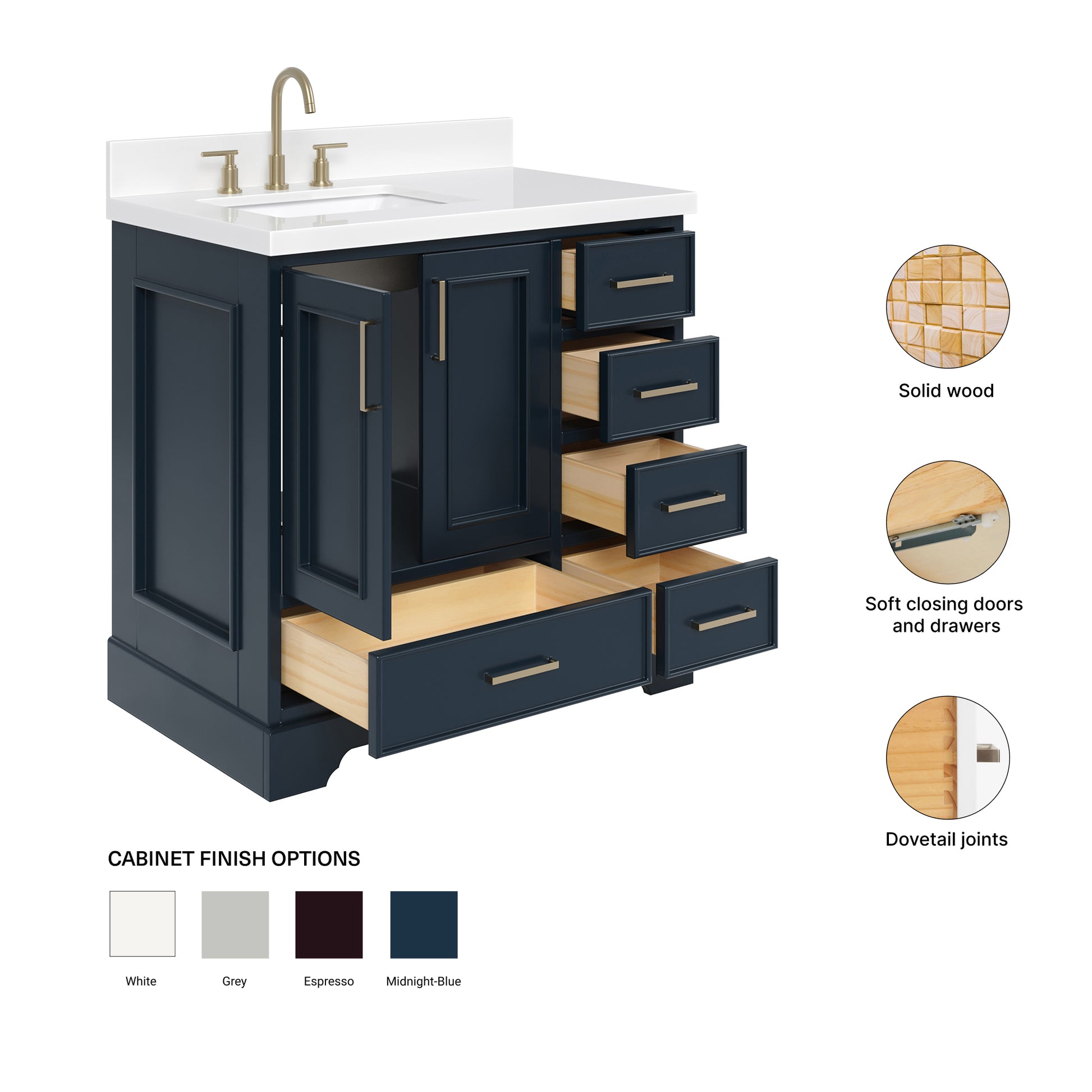 Langford 36-inch Midnight Blue bathroom vanity on feature highlights: solid wood frame, soft-close doors and drawers, Sherwin-Williams paint finish