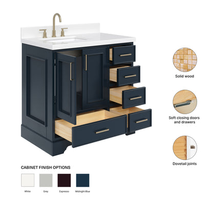 Langford 36-inch Midnight Blue bathroom vanity on feature highlights: solid wood frame, soft-close doors and drawers, Sherwin-Williams paint finish