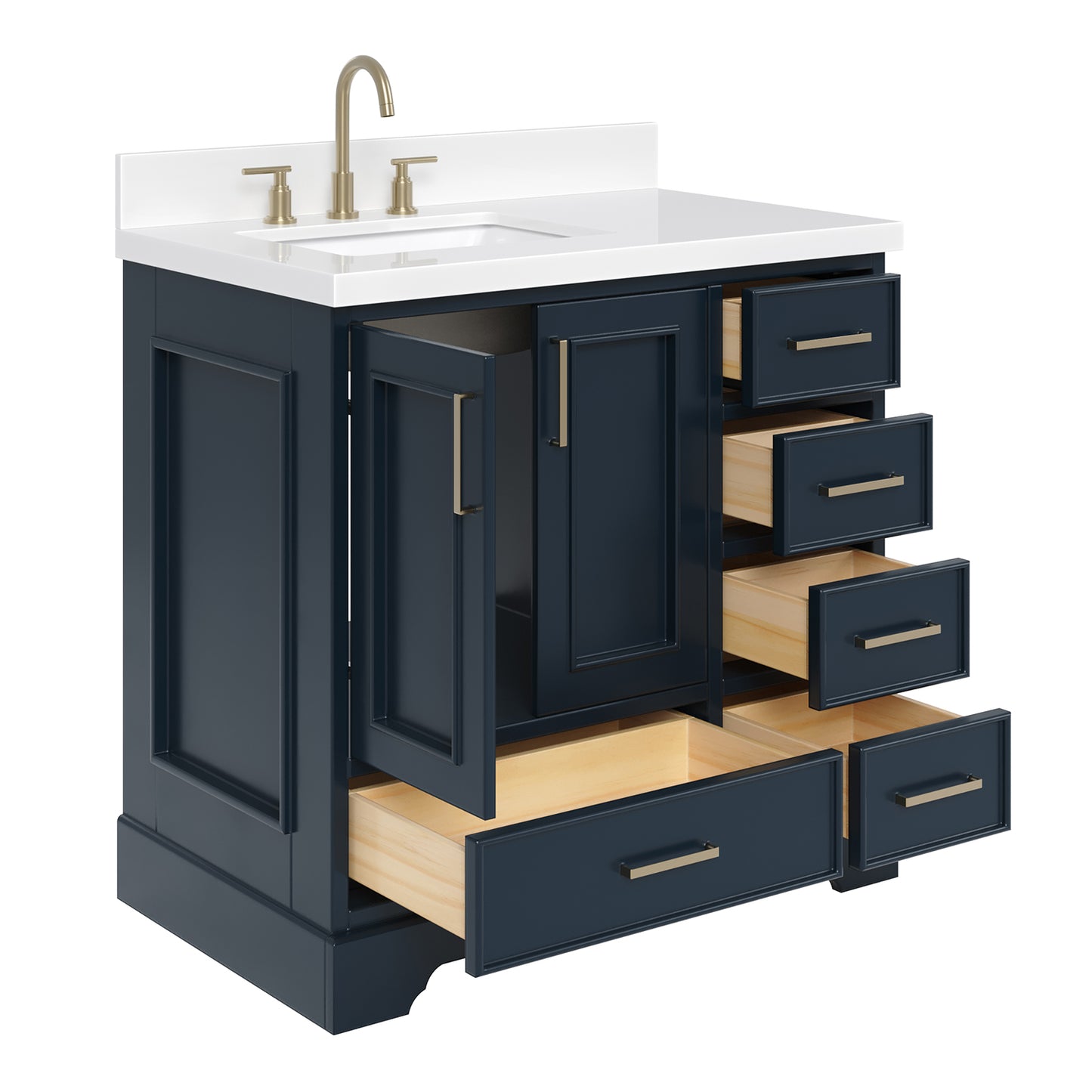 Langford 36-inch Midnight Blue bathroom vanity on white back ground side view open door