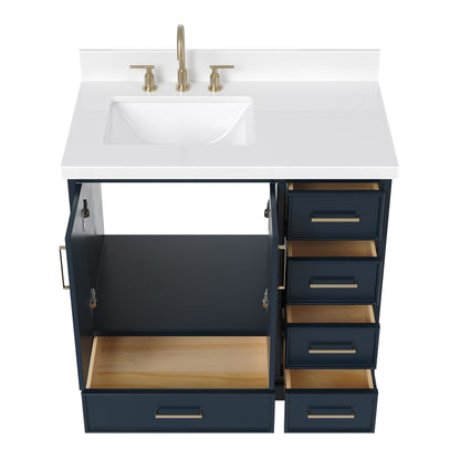 Langford 36-inch Midnight Blue bathroom vanity on white back ground front view open door