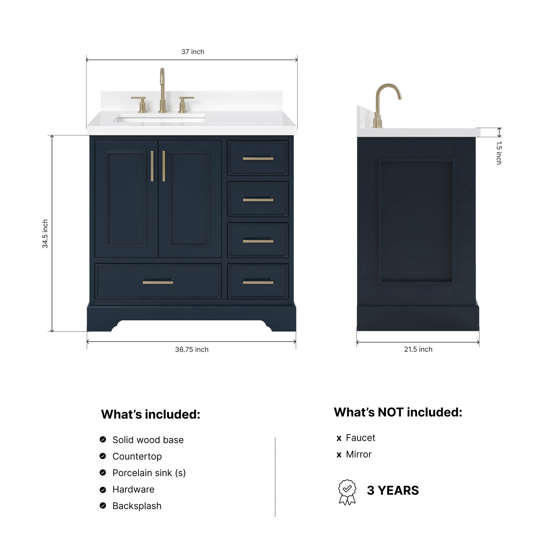 Langford 36-inch Midnight Blue bathroom vanity on dimensions