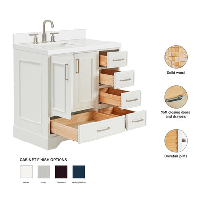 Langford 36-inch White bathroom vanity on feature highlights: solid wood frame, soft-close doors and drawers, Sherwin-Williams paint finish