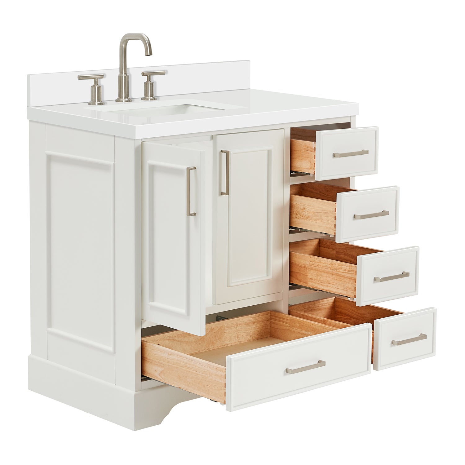Langford 36-inch White bathroom vanity on white back ground side view open door