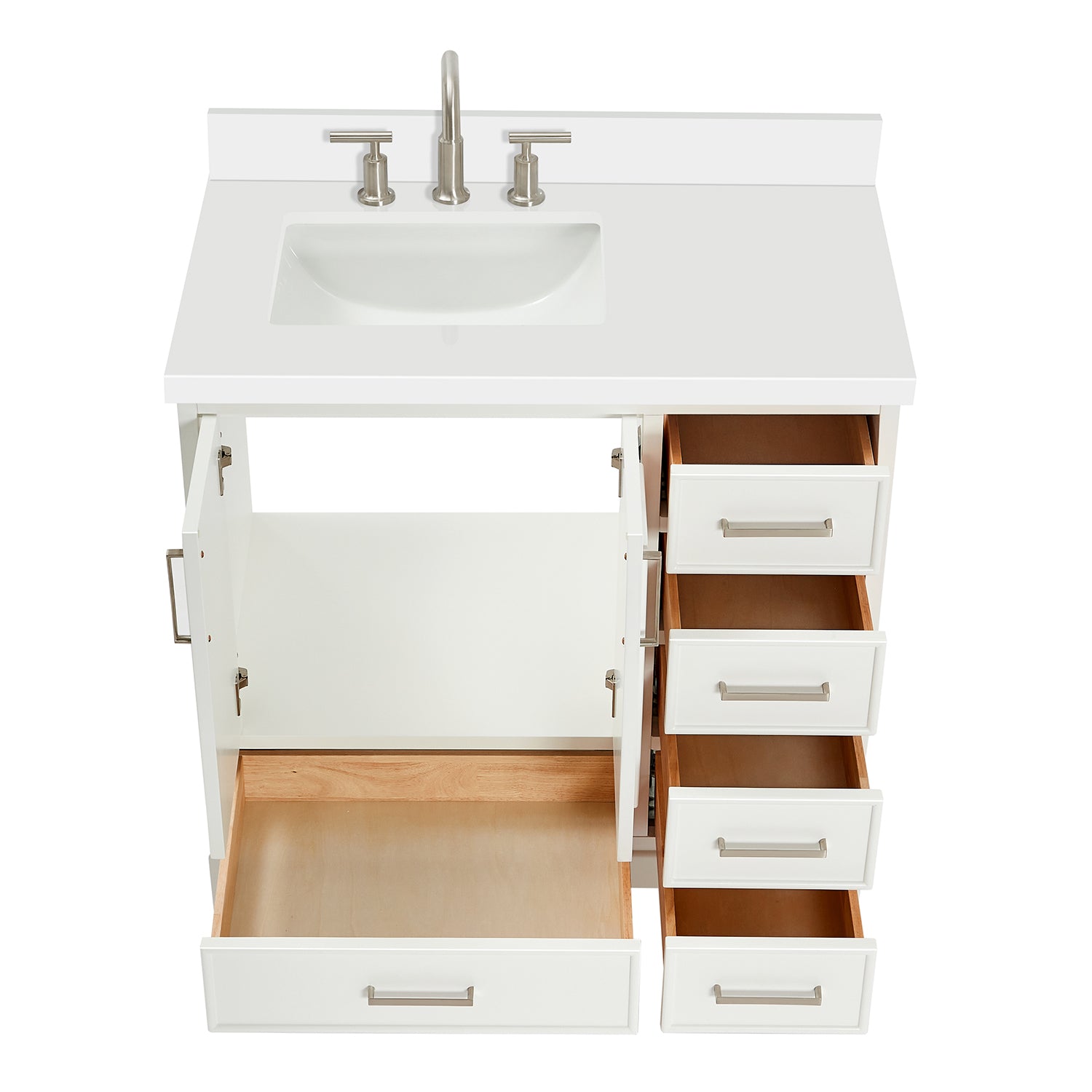 Langford 36-inch White bathroom vanity on white back ground front view open door