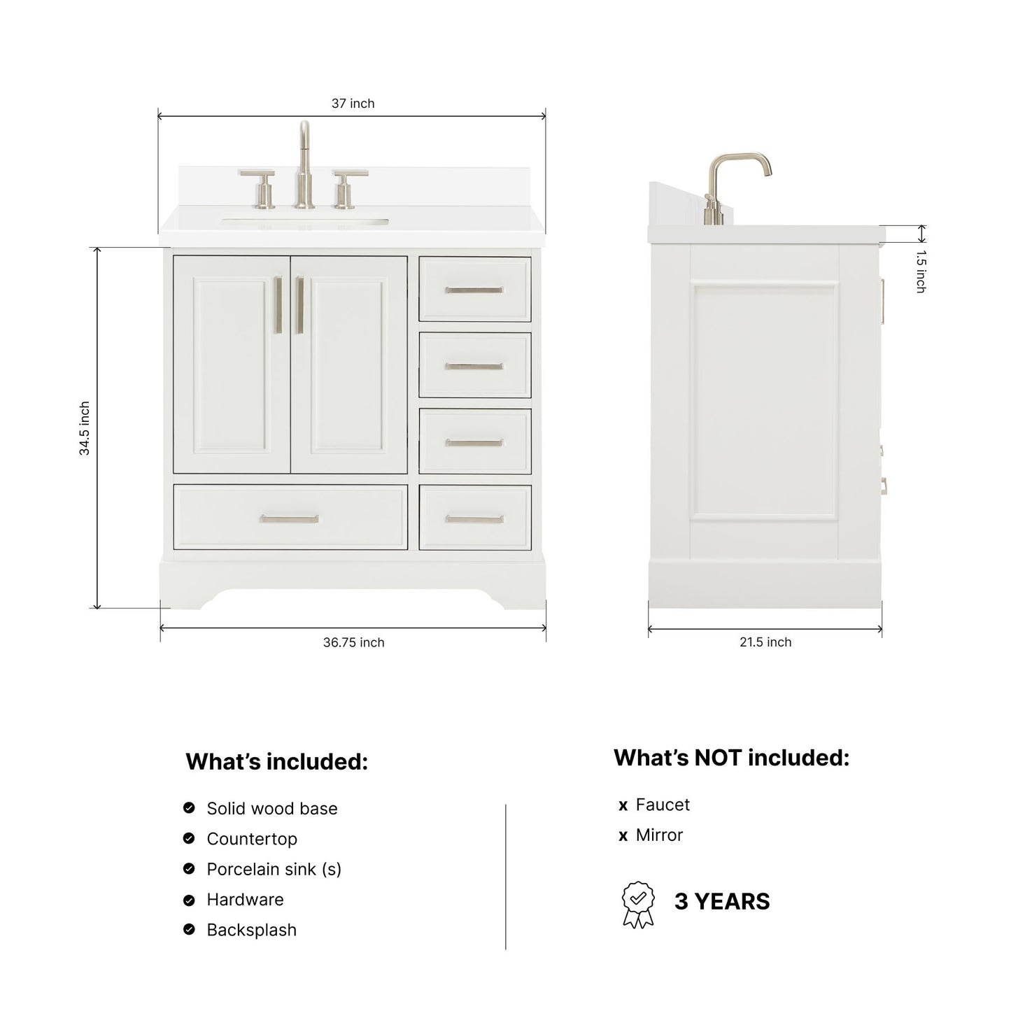 Langford 36-inch White bathroom vanity on dimensions