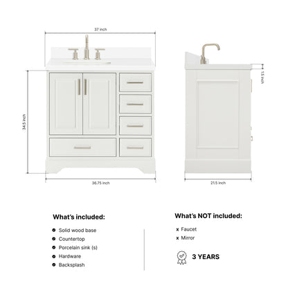 Langford 36-inch White bathroom vanity on dimensions