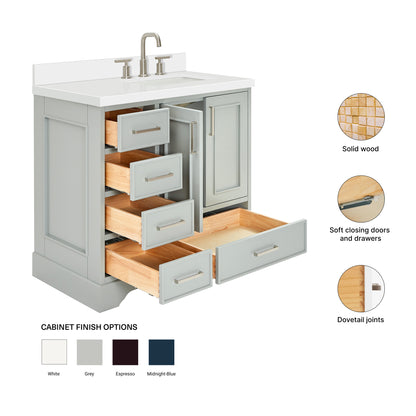 Langford 36-inch Grey bathroom vanity on feature highlights: solid wood frame, soft-close doors and drawers, Sherwin-Williams paint finish