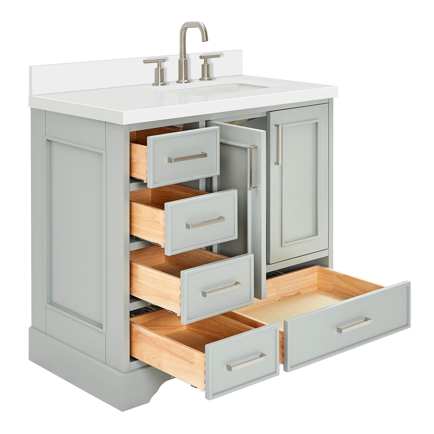 Langford 36-inch Grey bathroom vanity on white back ground side view open door