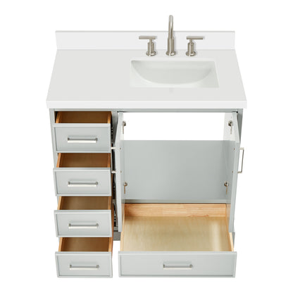 Langford 36-inch Grey bathroom vanity on white back ground front view open door