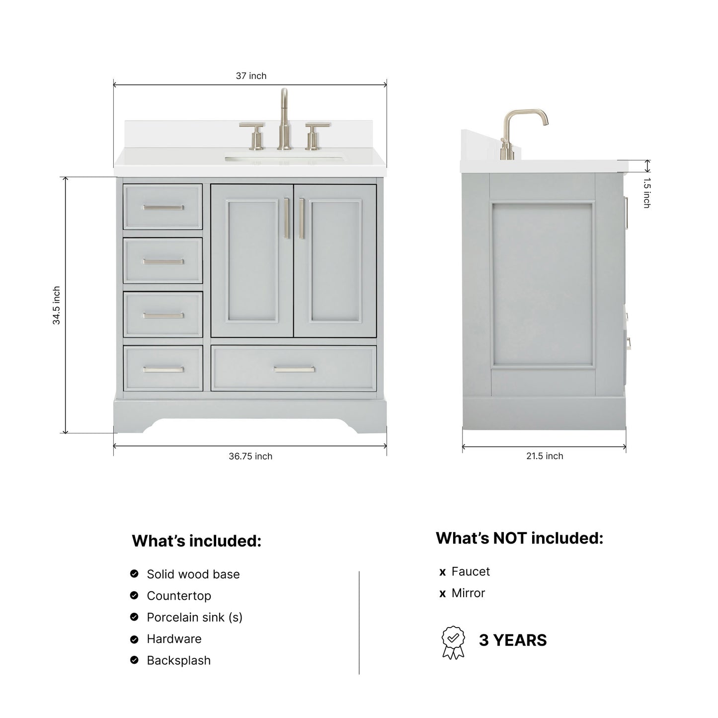 Langford 36-inch Grey bathroom vanity on dimensions