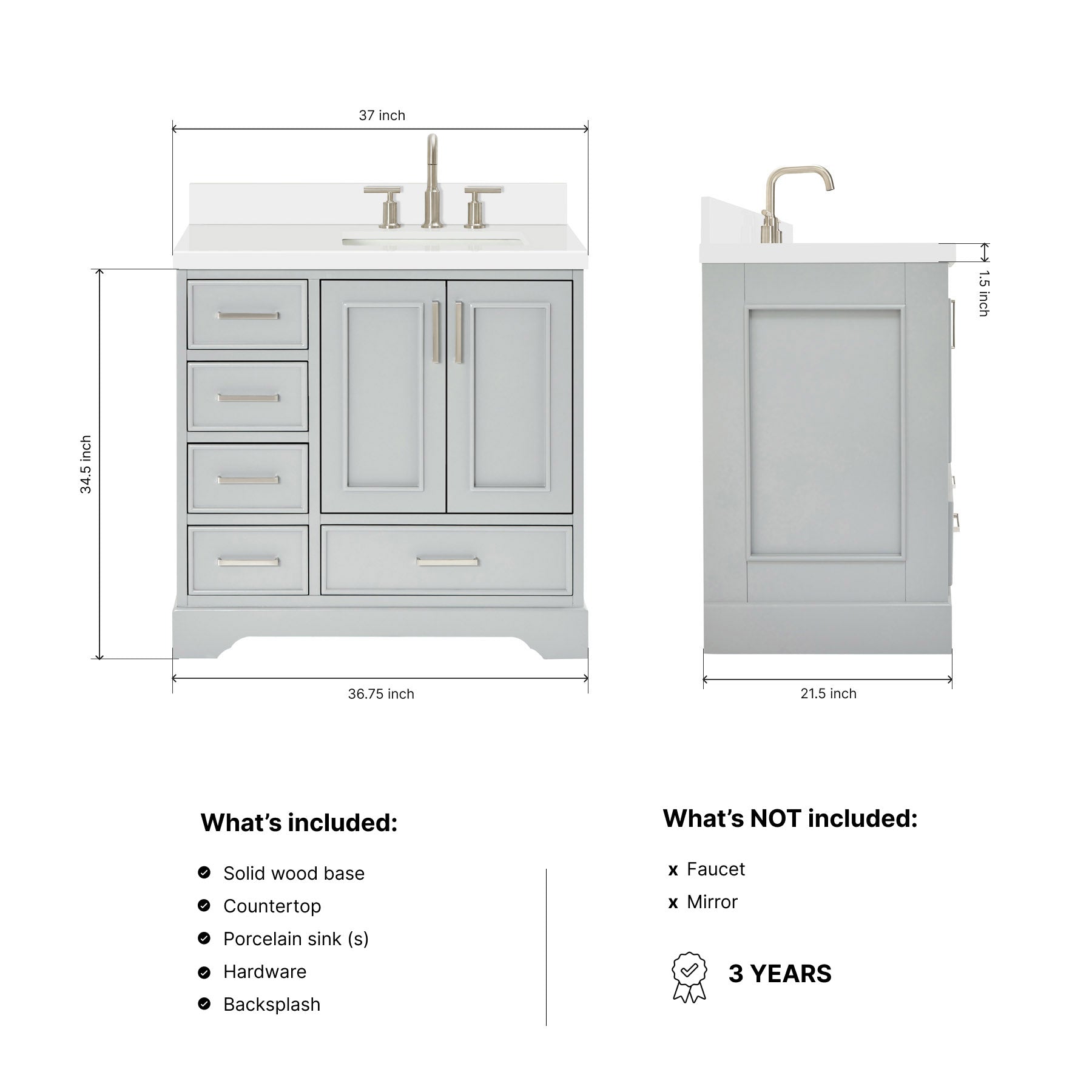 Langford 36-inch Grey bathroom vanity on dimensions