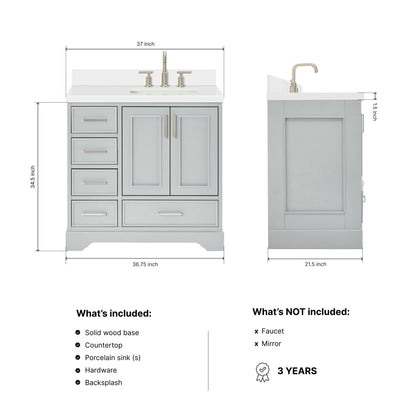 Langford 36-inch Grey bathroom vanity on dimensions
