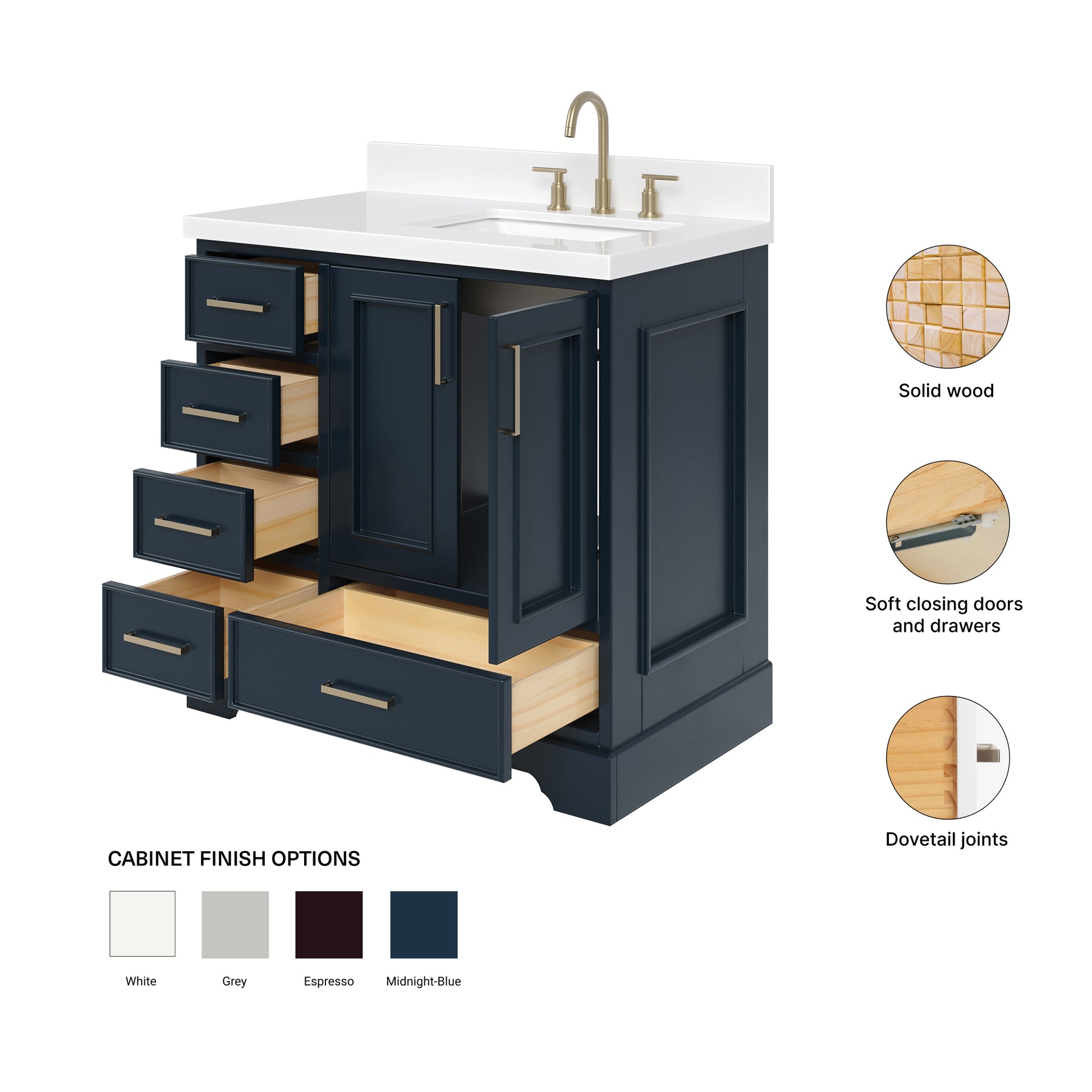Langford 36-inch Midnight Blue bathroom vanity on feature highlights: solid wood frame, soft-close doors and drawers, Sherwin-Williams paint finish