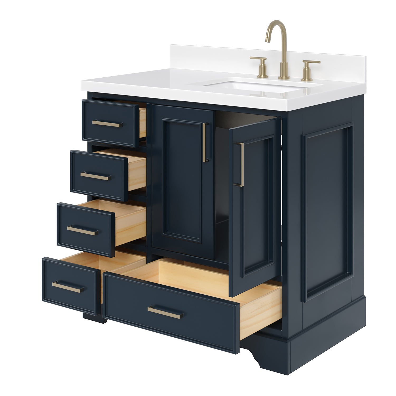 Langford 36-inch Midnight Blue bathroom vanity on white back ground side view open door