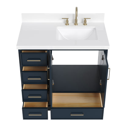 Langford 36-inch Midnight Blue bathroom vanity on white back ground front view open door