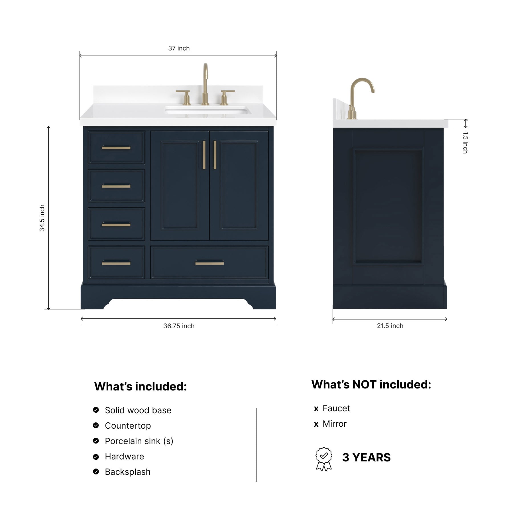 Langford 36-inch Midnight Blue bathroom vanity on dimensions