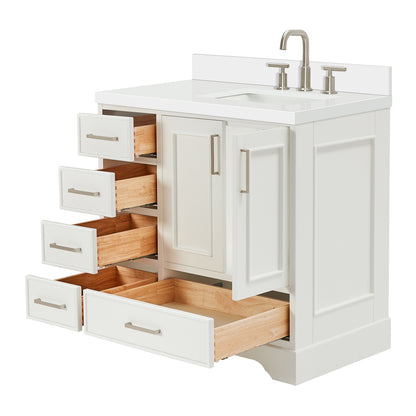 Langford 36-inch White bathroom vanity on white back ground side view open door