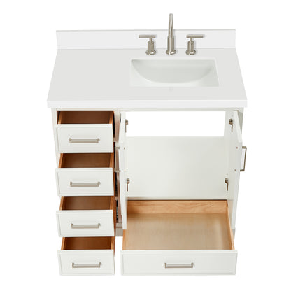 Langford 36-inch White bathroom vanity on white back ground front view open door