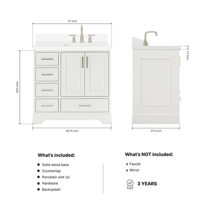 Langford 36-inch White bathroom vanity on dimensions
