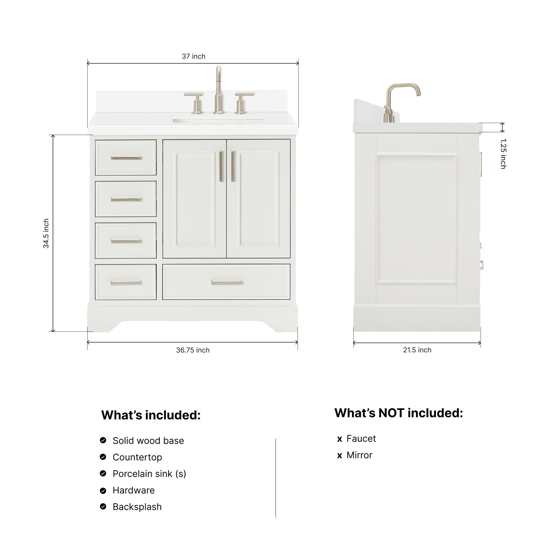 Langford 36-inch White bathroom vanity on dimensions