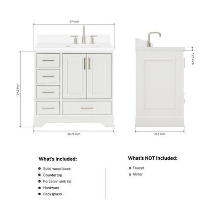 Langford 36-inch White bathroom vanity on dimensions