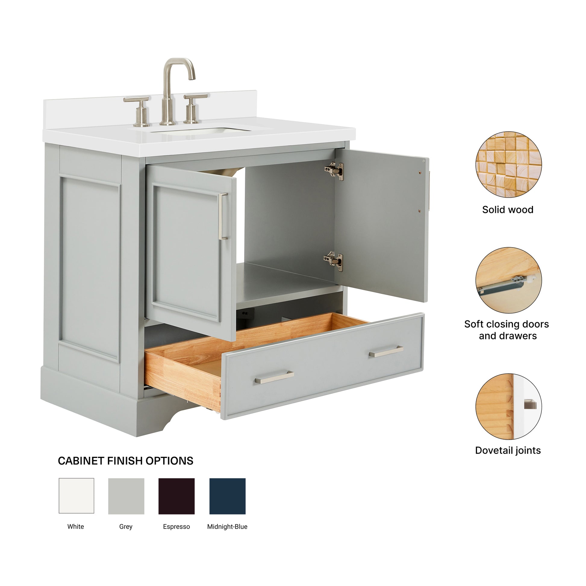 Langford 36-inch Grey bathroom vanity on feature highlights: solid wood frame, soft-close doors and drawers, Sherwin-Williams paint finish