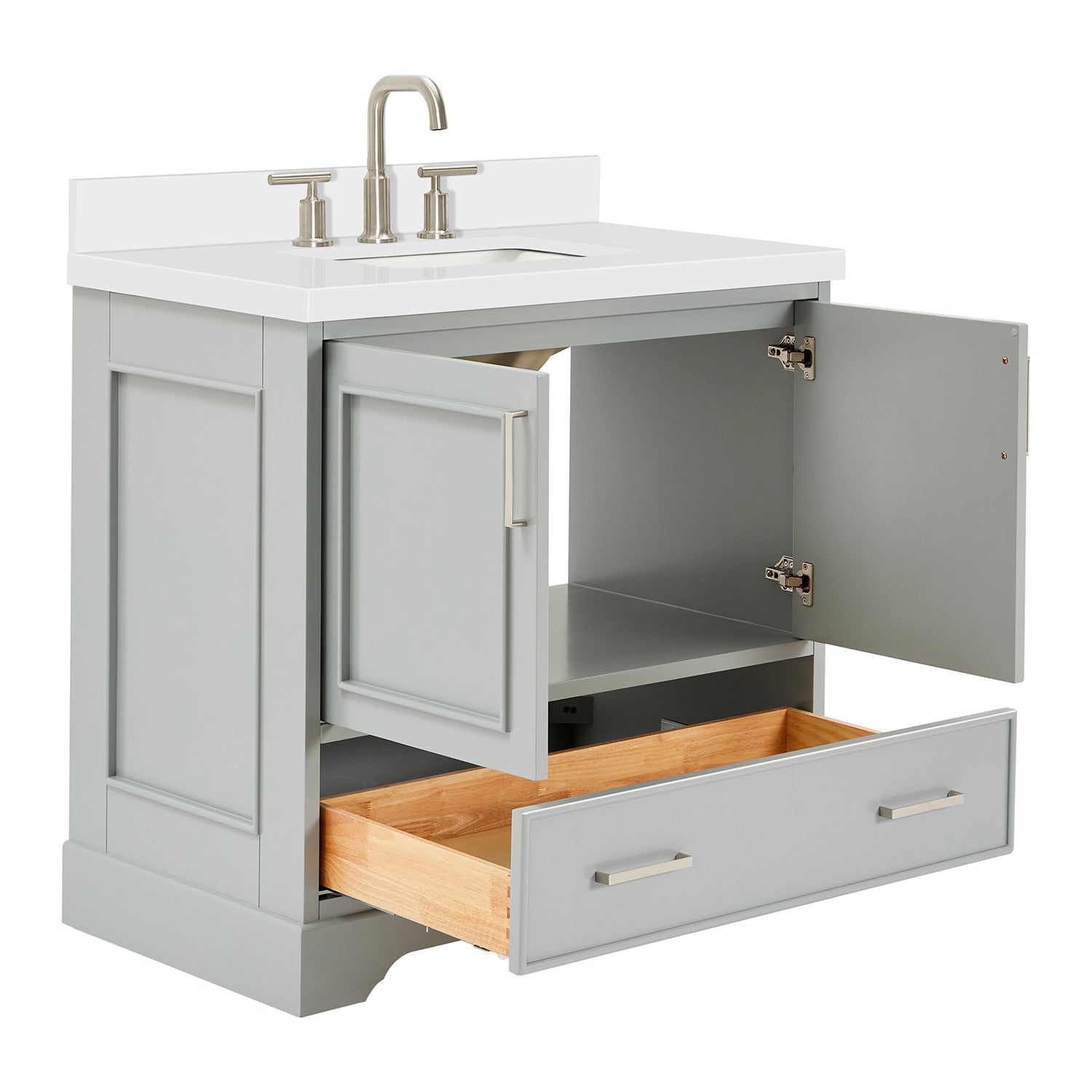 Langford 36-inch Grey bathroom vanity on white back ground side view open door