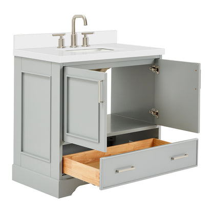 Langford 36-inch Grey bathroom vanity on white back ground side view open door