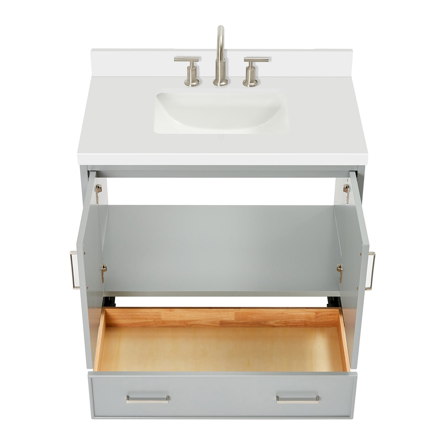 Langford 36-inch Grey bathroom vanity on white back ground front view open door