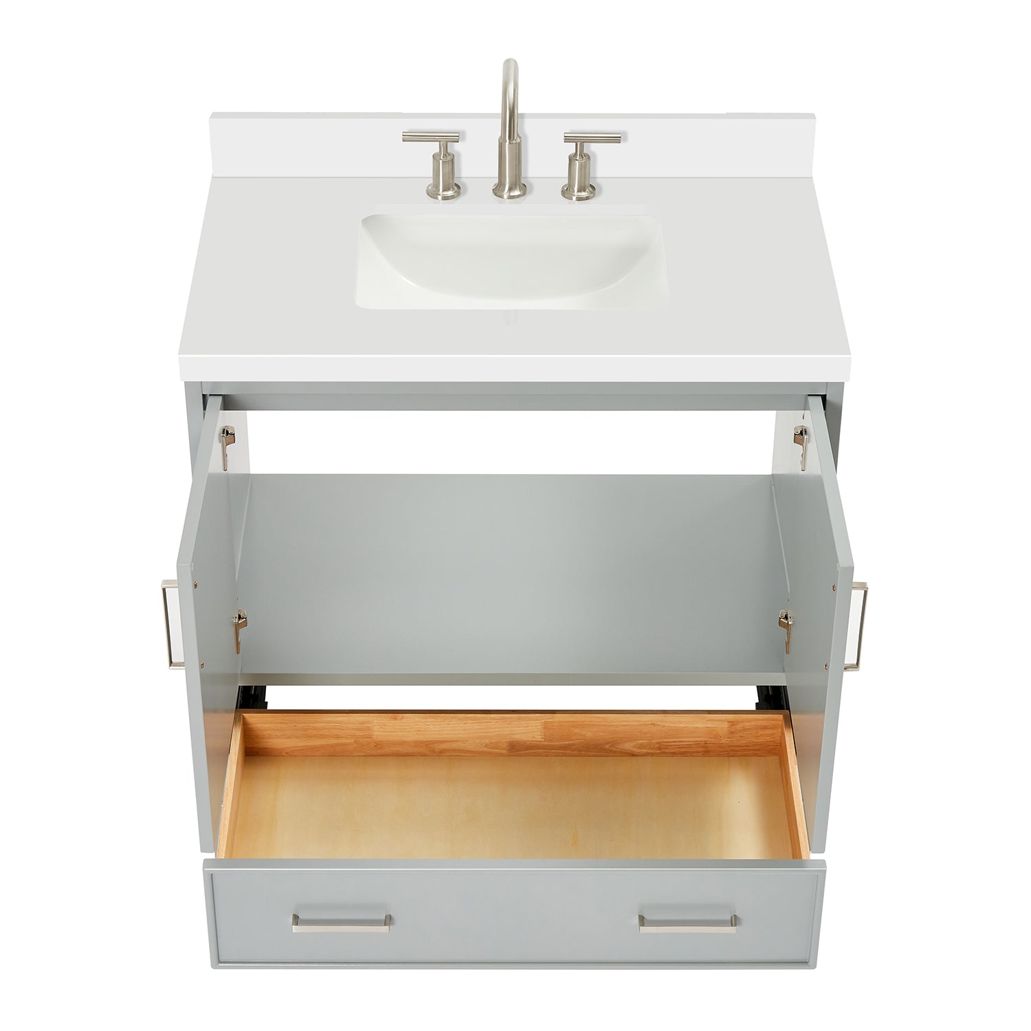 Langford 36-inch Grey bathroom vanity on white back ground front view open door