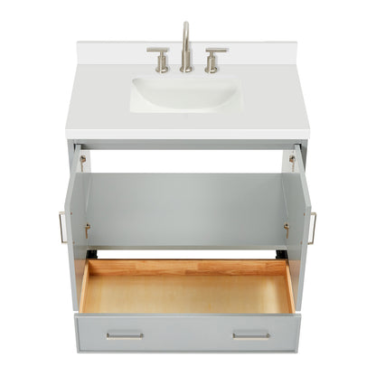 Langford 36-inch Grey bathroom vanity on white back ground front view open door