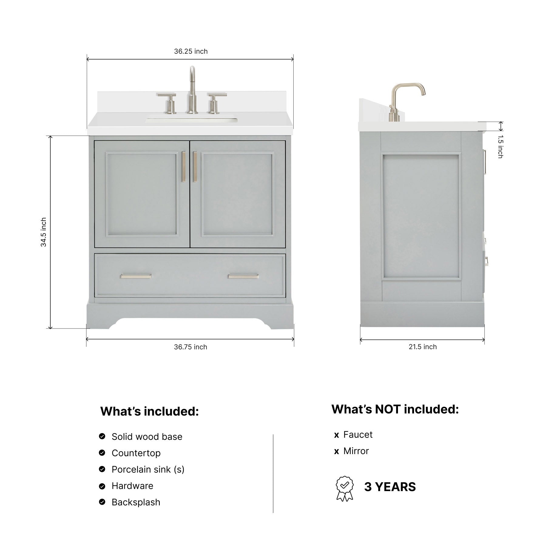 Langford 36-inch Grey bathroom vanity on dimensions