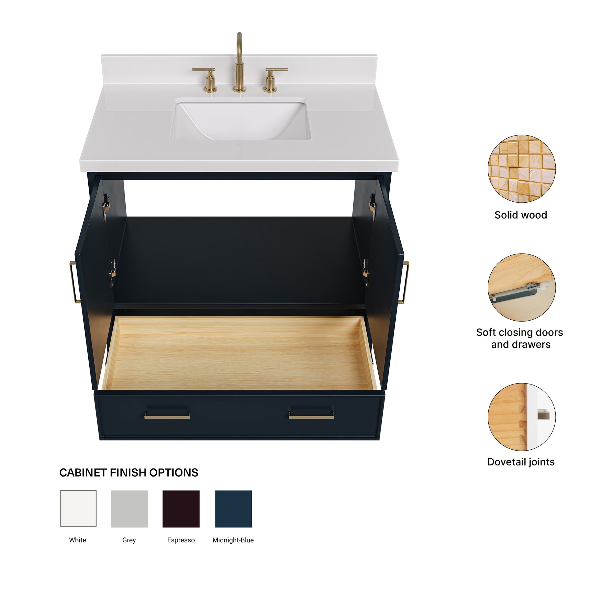Langford 36-inch Midnight Blue bathroom vanity on feature highlights: solid wood frame, soft-close doors and drawers, Sherwin-Williams paint finish