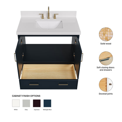 Langford 36-inch Midnight Blue bathroom vanity on feature highlights: solid wood frame, soft-close doors and drawers, Sherwin-Williams paint finish