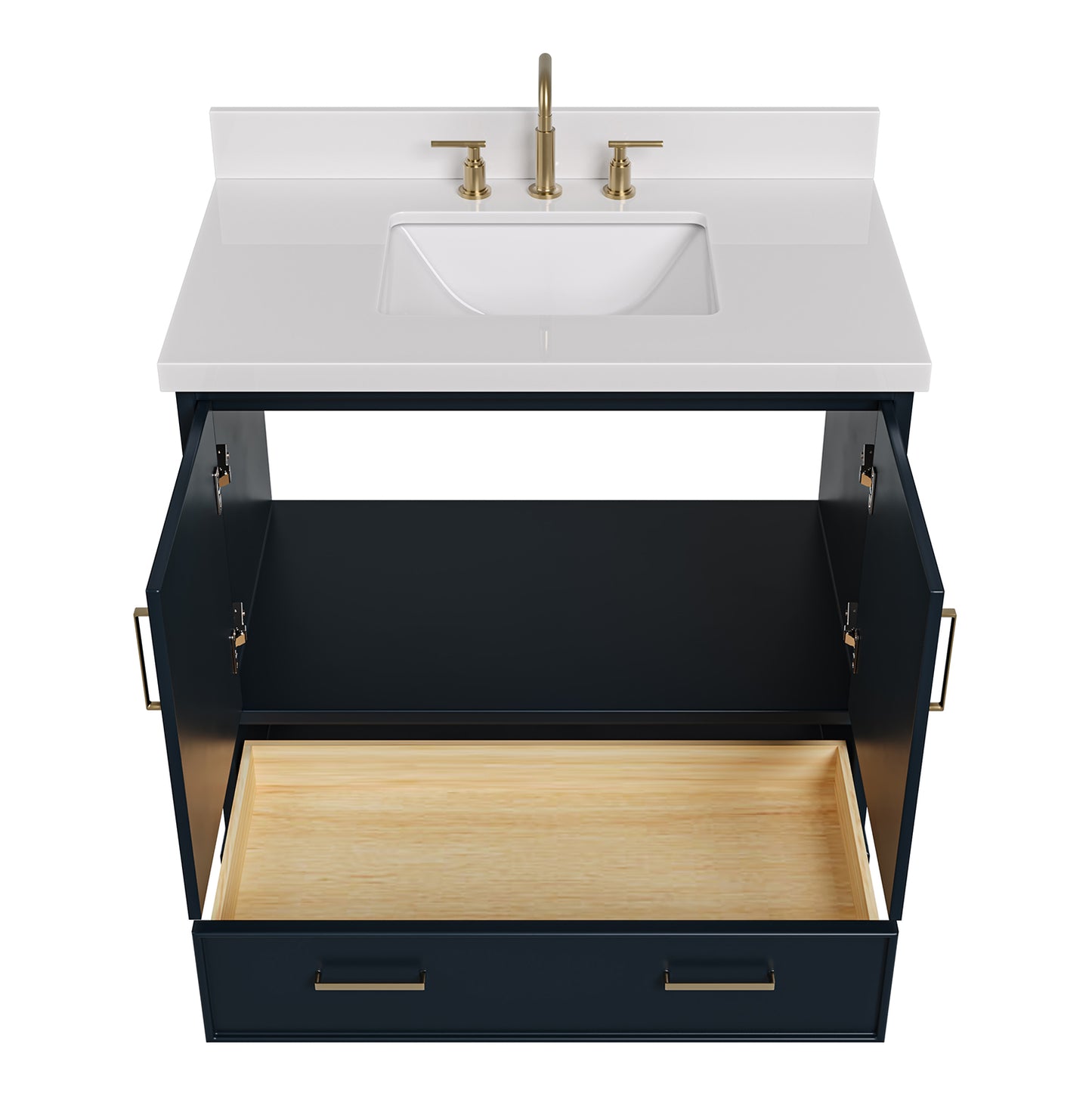 Langford 36-inch Midnight Blue bathroom vanity on white back ground side view open door