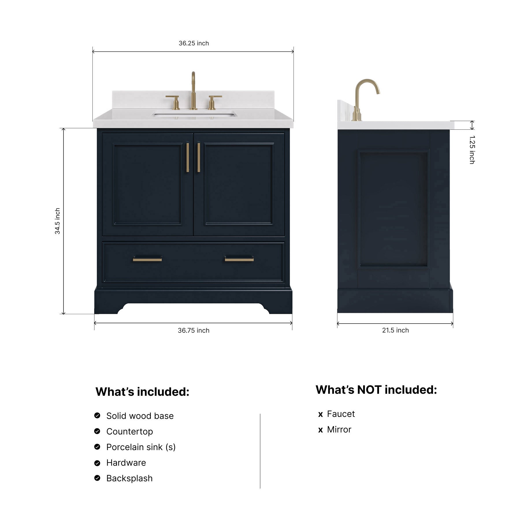 Langford 36-inch Midnight Blue bathroom vanity on dimensions