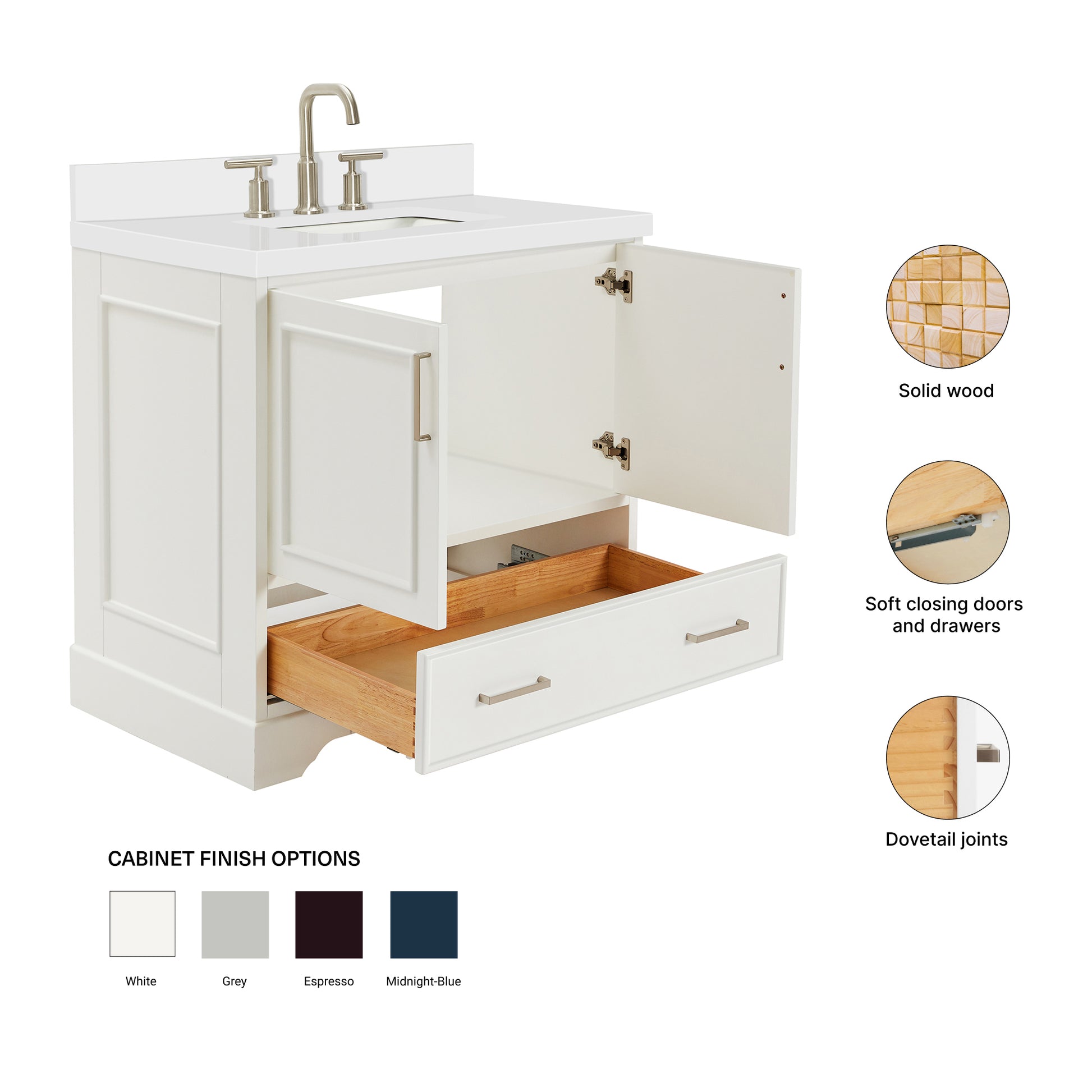 Langford 36-inch White bathroom vanity on feature highlights: solid wood frame, soft-close doors and drawers, Sherwin-Williams paint finish
