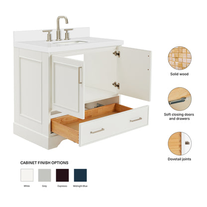 Langford 36-inch White bathroom vanity on feature highlights: solid wood frame, soft-close doors and drawers, Sherwin-Williams paint finish
