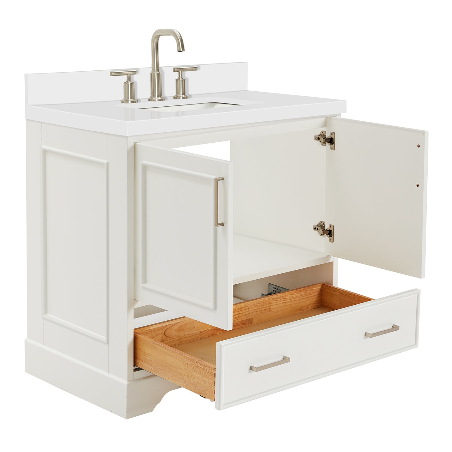 Langford 36-inch White bathroom vanity on white back ground side view open door