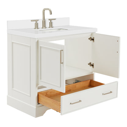 Langford 36-inch White bathroom vanity on white back ground side view open door